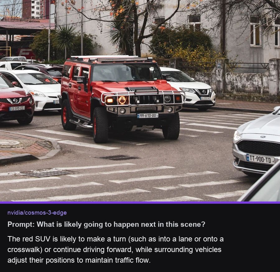 Cosmos 3 Edge predicting what will happen next in a street scene with a red SUV