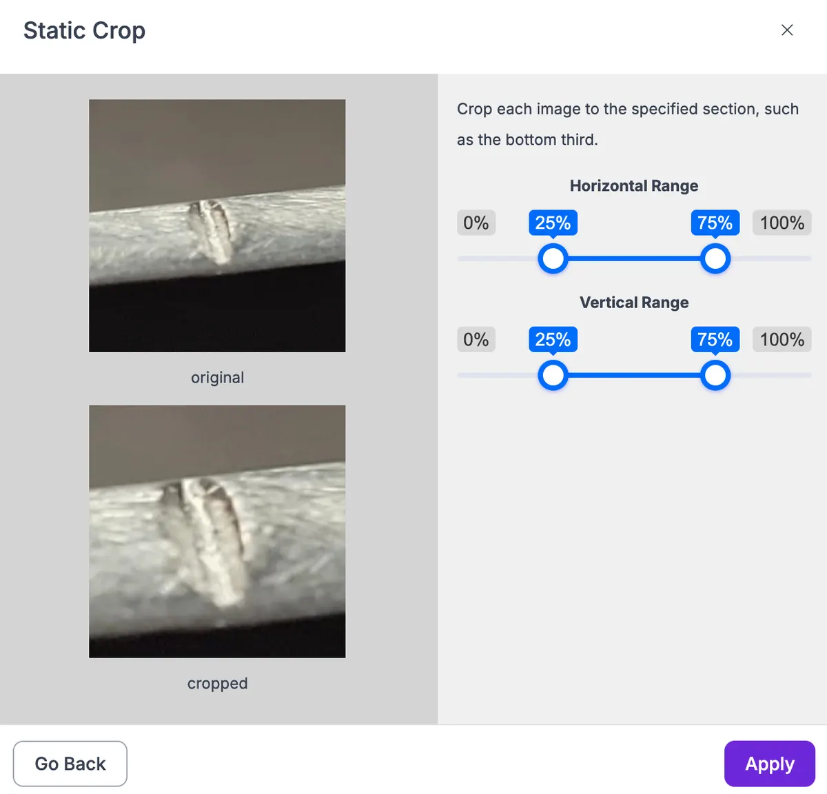 The static crop feature, and an example output.