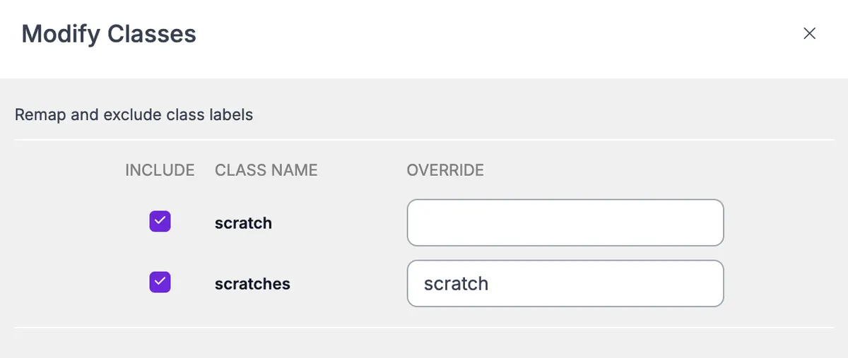 Remapping the class "scratches" to "scratch".
