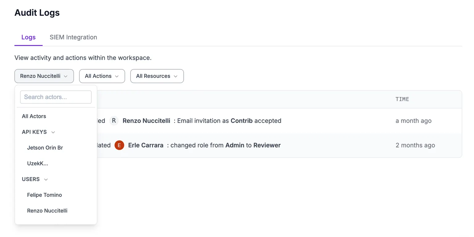 Filtering audit log entries by actor, action, and resource.