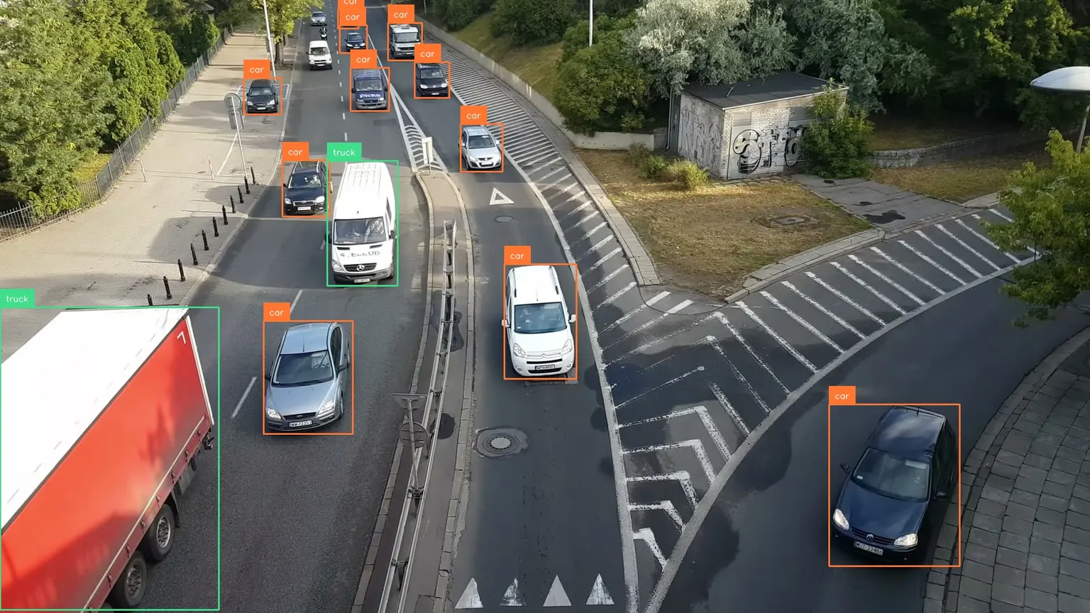 RF-DETR car and truck bounding boxes on a road scene