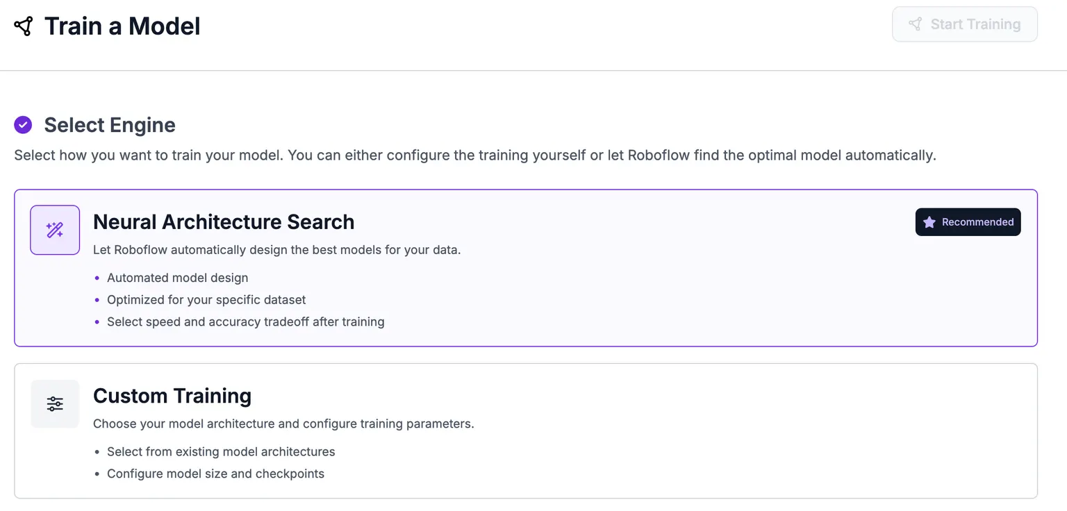 Train tab engine selector with Neural Architecture Search highlighted.