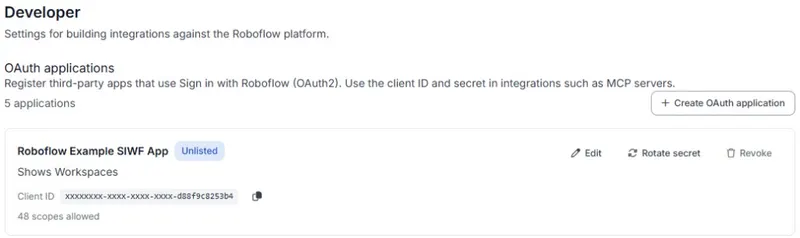 OAuth applications list on the Developer page