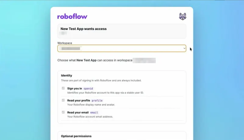 OAuth consent screen with workspace selection and scopes