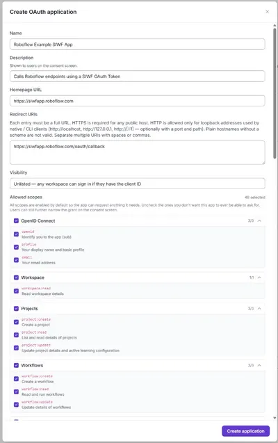 Create OAuth application form